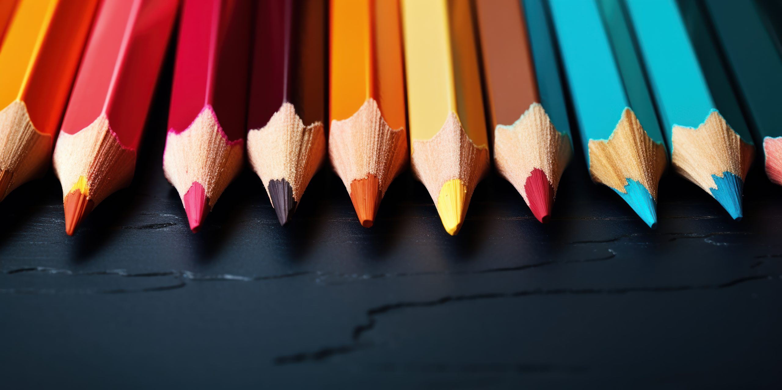 Brightly colored pencils lined up against a dark background with shavings.